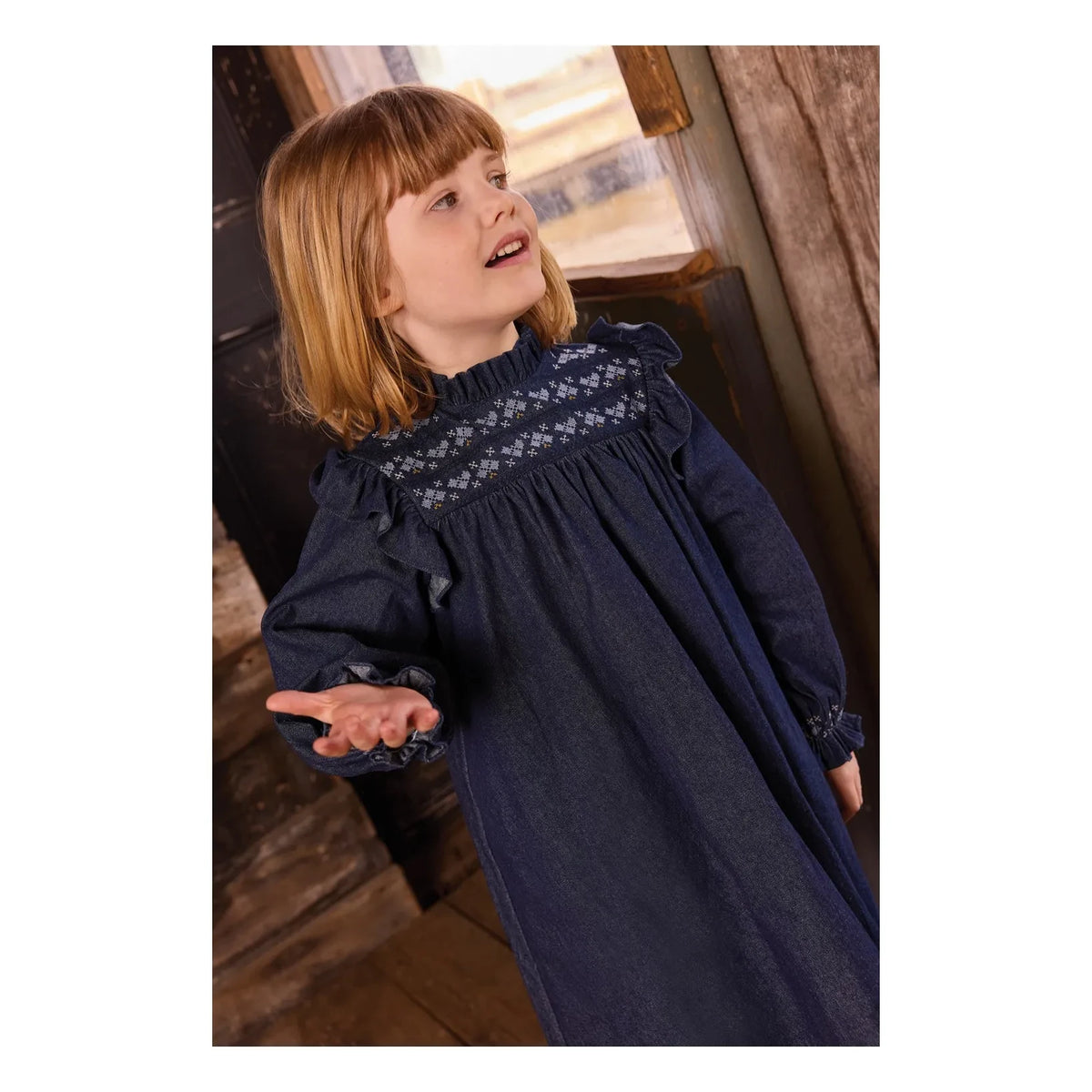 Bonton - Babouchka Cotton Chambray Ruffled Dress | Dark Blue