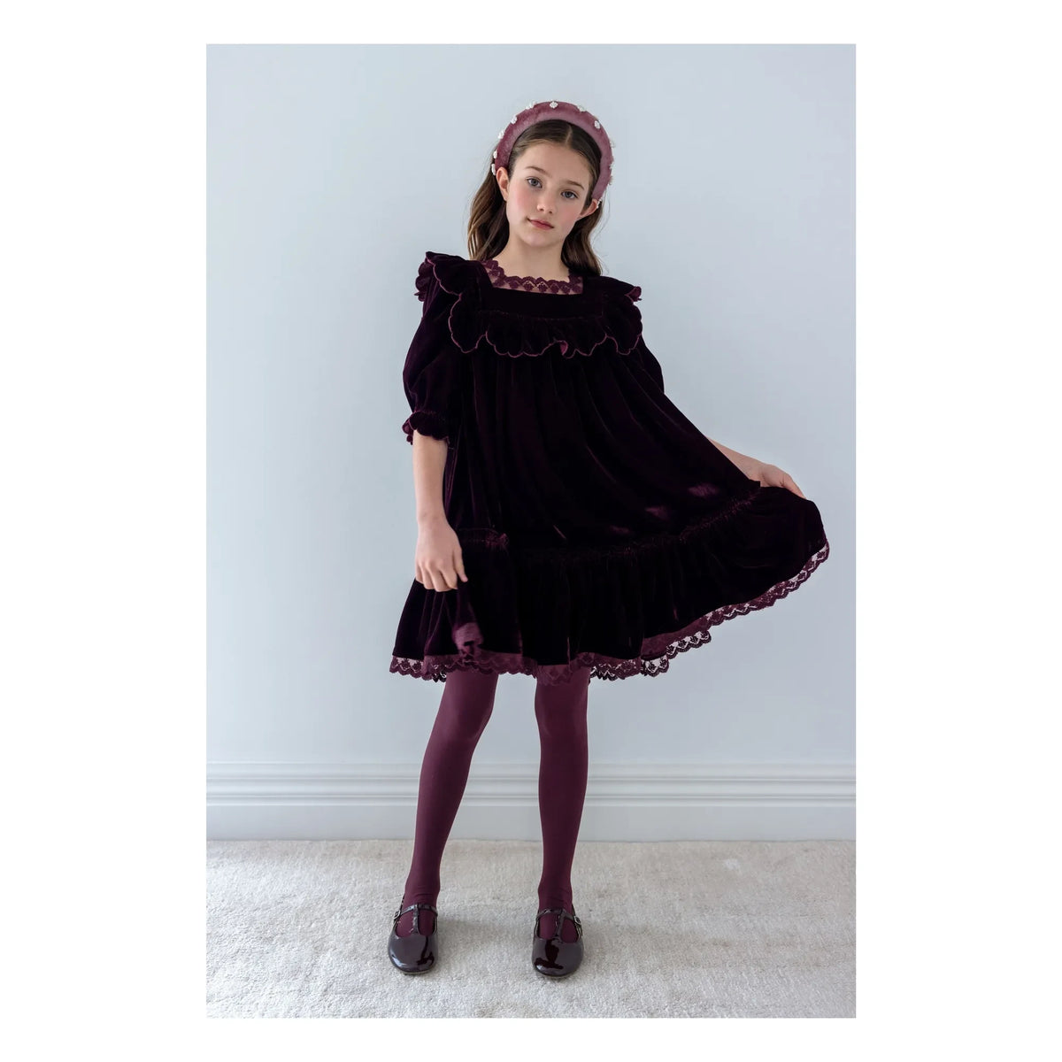 petite Amalie - Velvet Lace Square Neck Dress | Plum