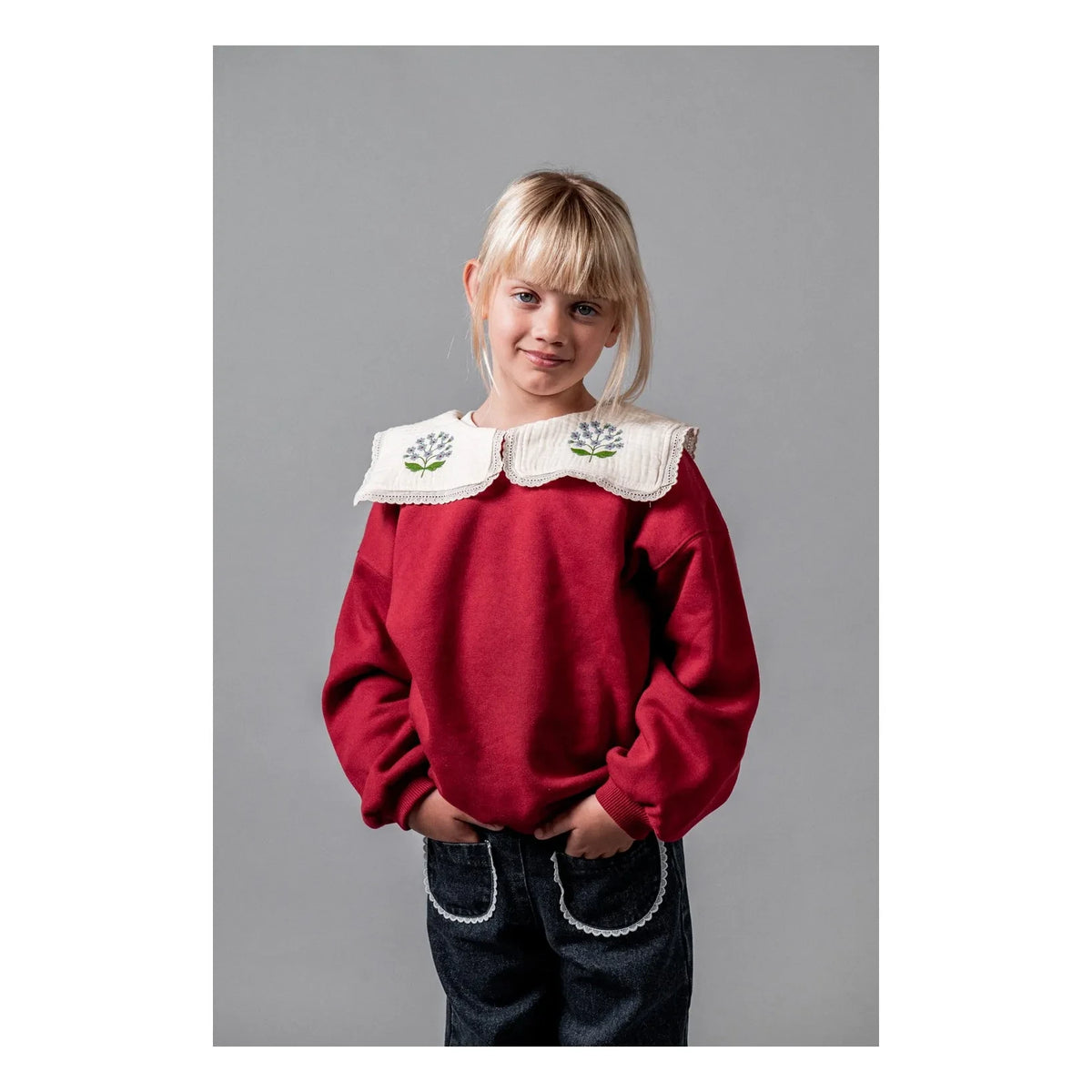 birinit - Embroidered draped collar organic cotton sweatshirt | Burgundy