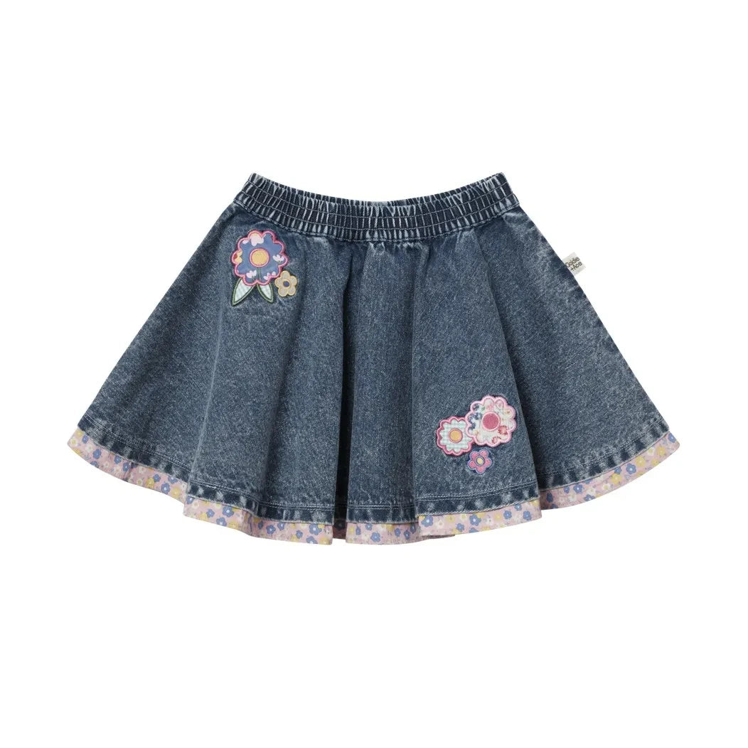 Goldie + Ace - Blue Denim Floral Pattern Skirt