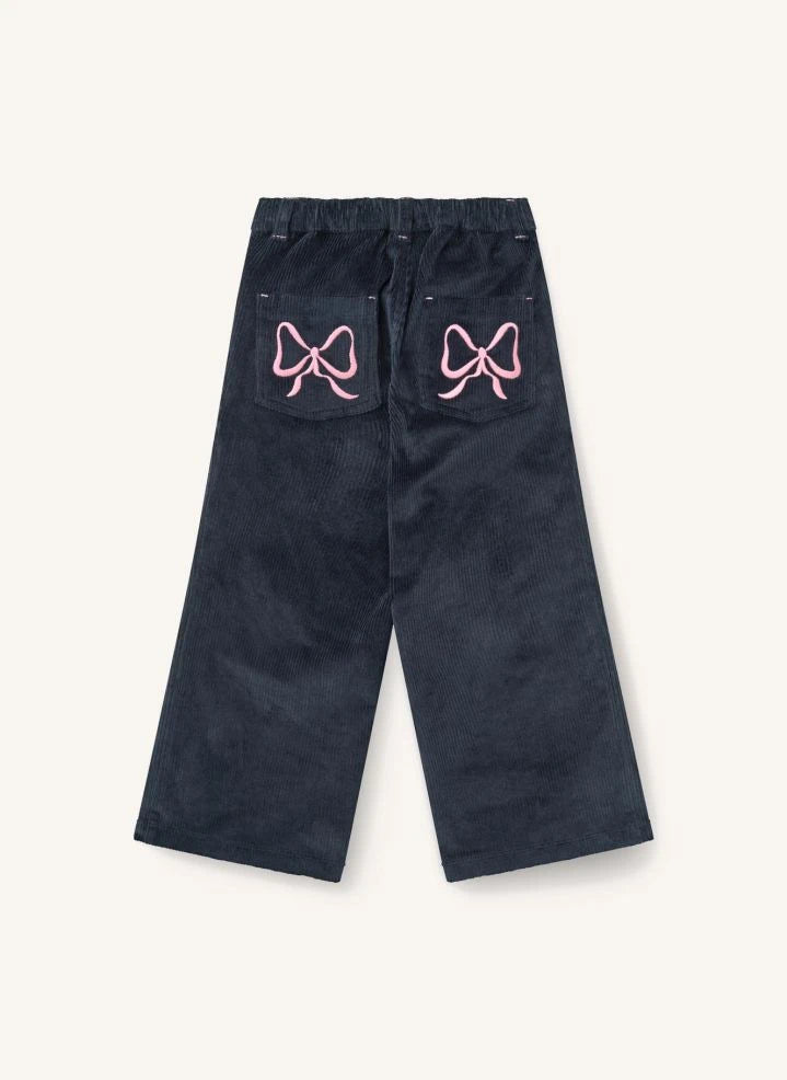 Copenhagen Colors - Ruched Embroidered Bow Detail Wide Fit Organic Cotton Ribbed Corduroy Trousers | Navy