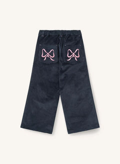 Copenhagen Colors - Ruched Embroidered Bow Detail Wide Fit Organic Cotton Ribbed Corduroy Trousers | Navy