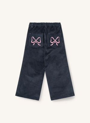 Copenhagen Colors - Ruched Embroidered Bow Detail Wide Fit Organic Cotton Ribbed Corduroy Trousers | Navy