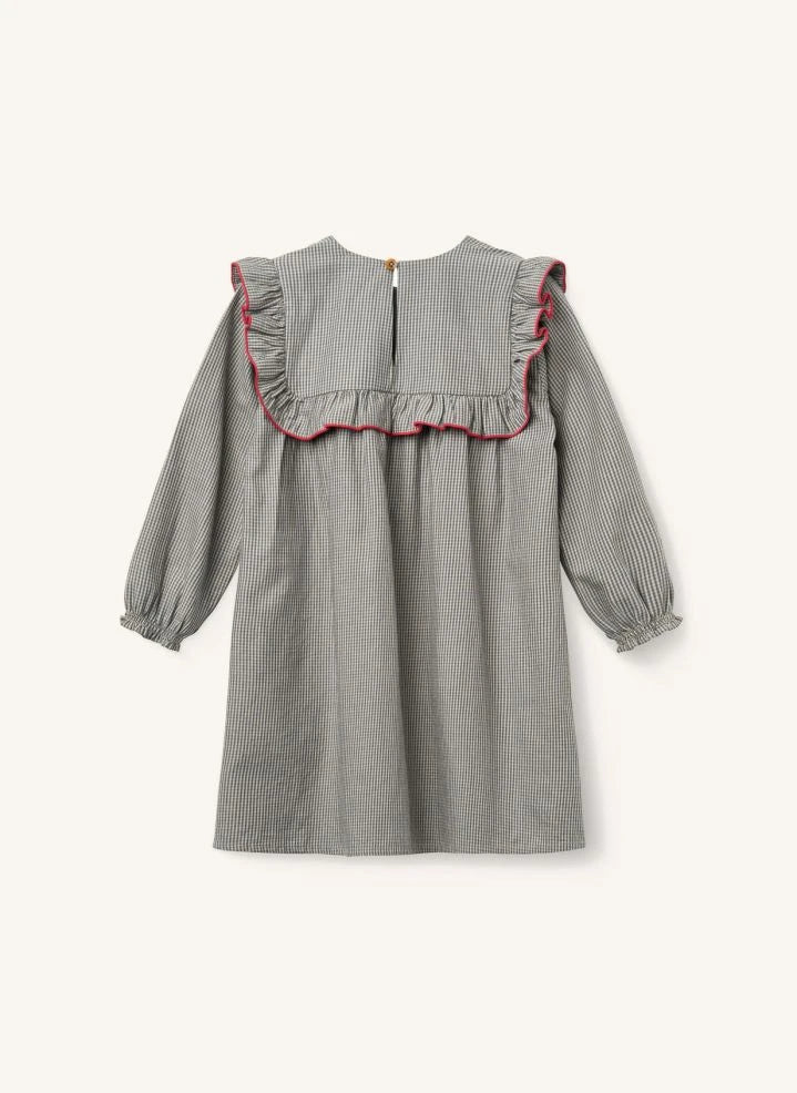 Copenhagen Colors - Organic Cotton Checked Ruffled Embroidered Dress | Grey