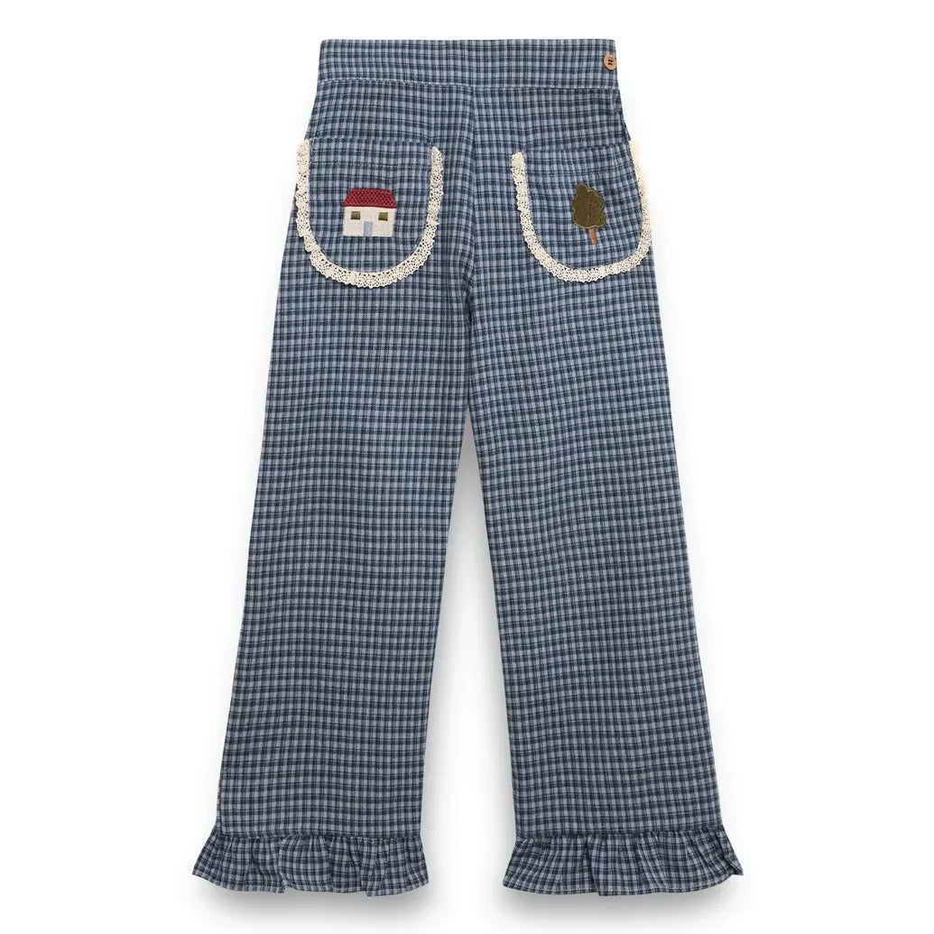 birinit - Checked Embroidered Pocket Organic Cotton Pants | Indigo blue