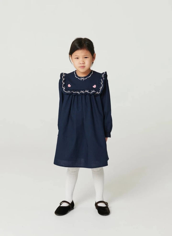 Copenhagen Colors - Organic Cotton Embroidered Ruffle Dress | Navy