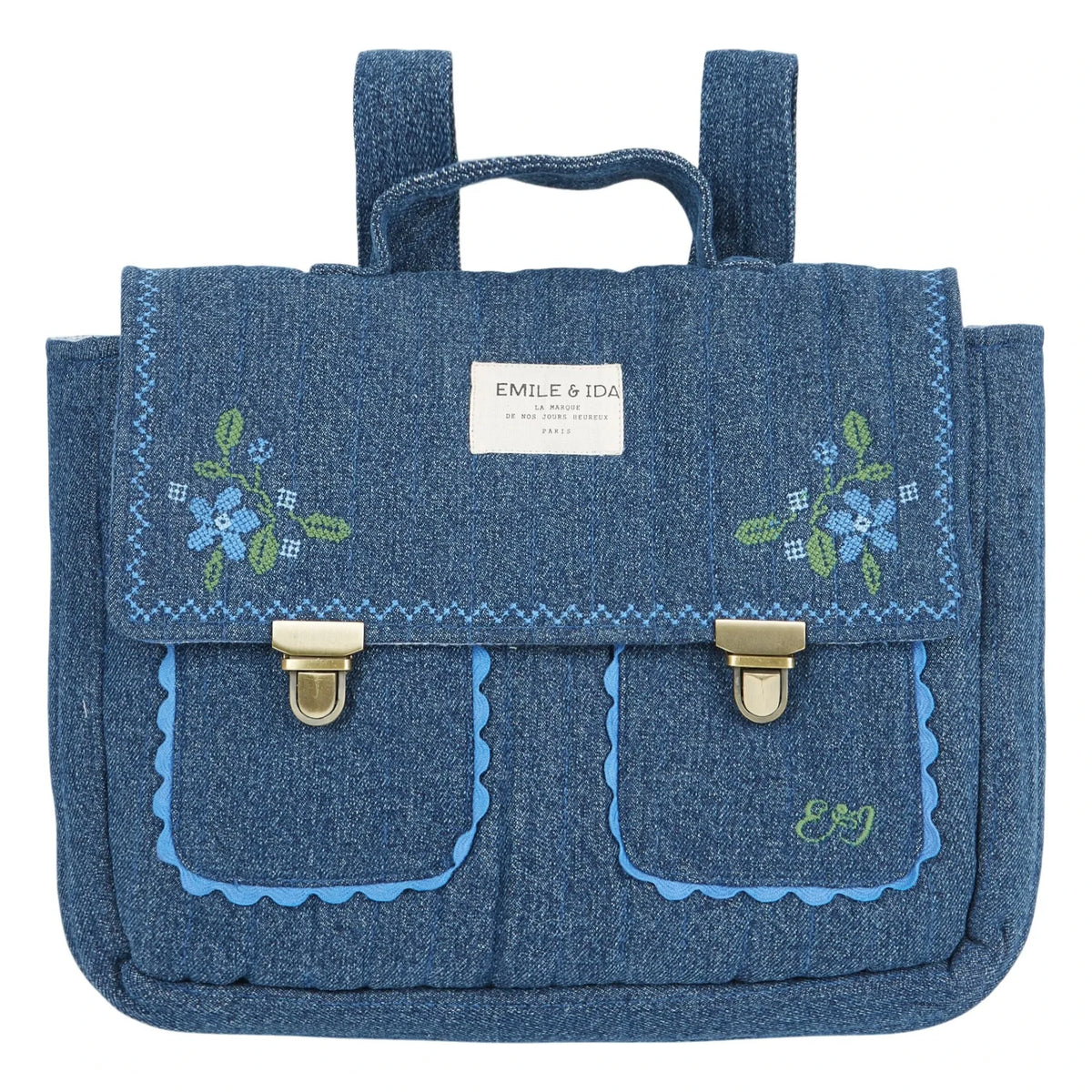 Emile et Ida - Denim Embroidered Messenger Bag | Blue