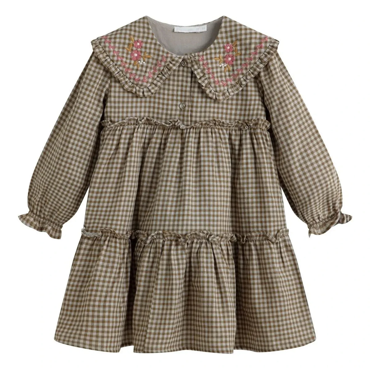 C'era Una Volta - Viola Carreaux Embroidered Claudine Collar Dress | Khaki Brown