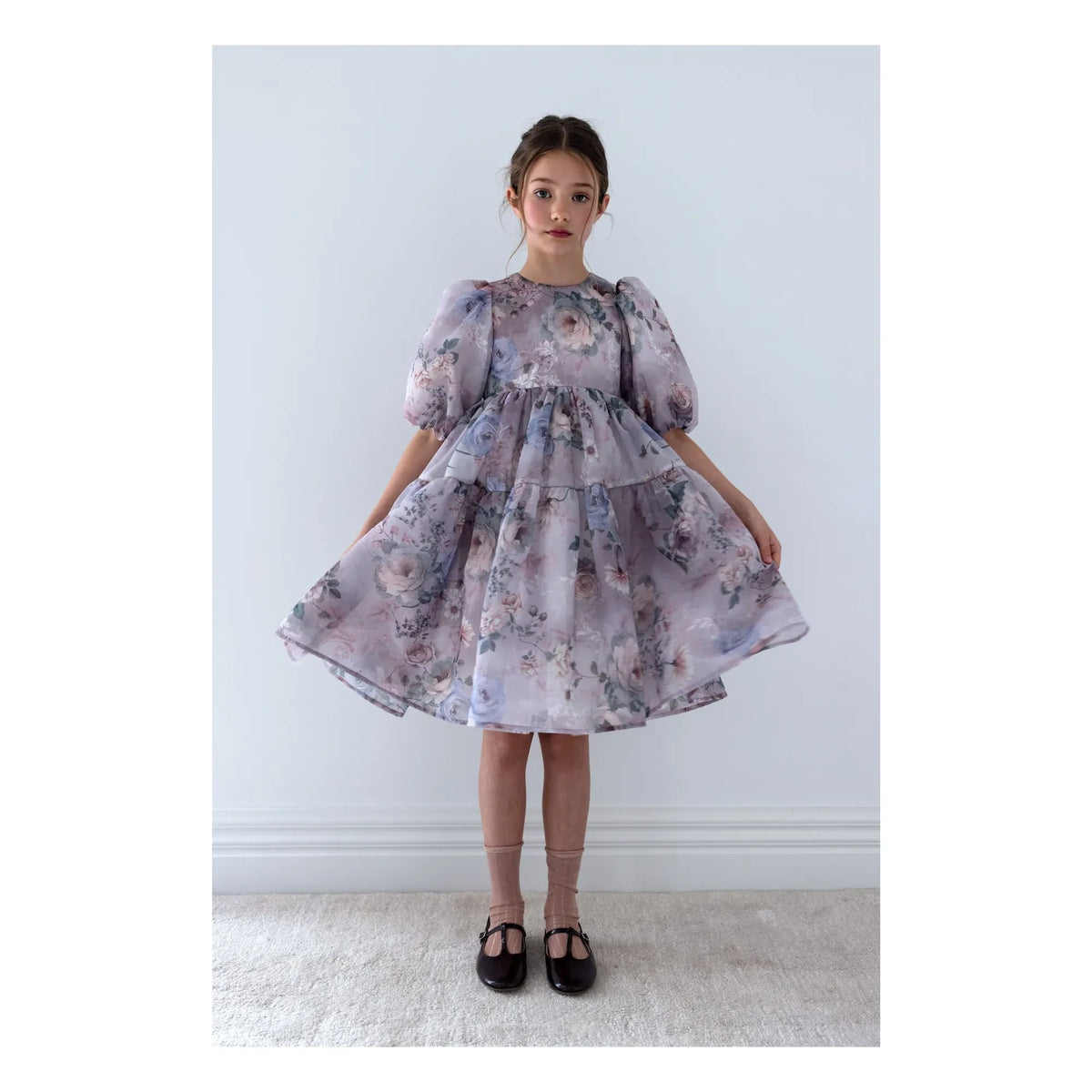 petite Amalie - Floral Print Organza Balloon Sleeve Dress | Lavender