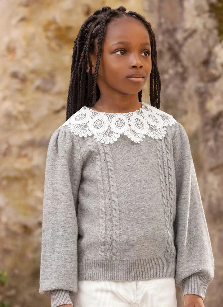 Tartine et Chocolat - Twisted Lace Collar Sweater | Grey melange