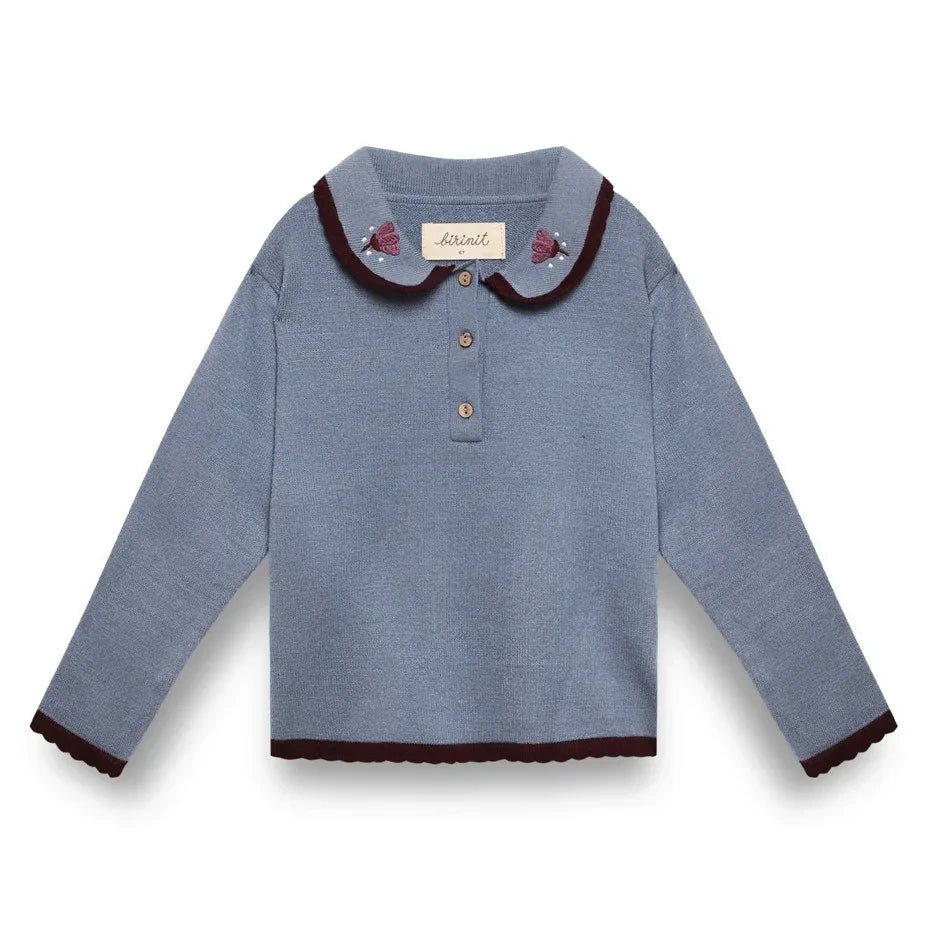 birinit - Embroidered Claudine Collar Sweater | Grey Blue