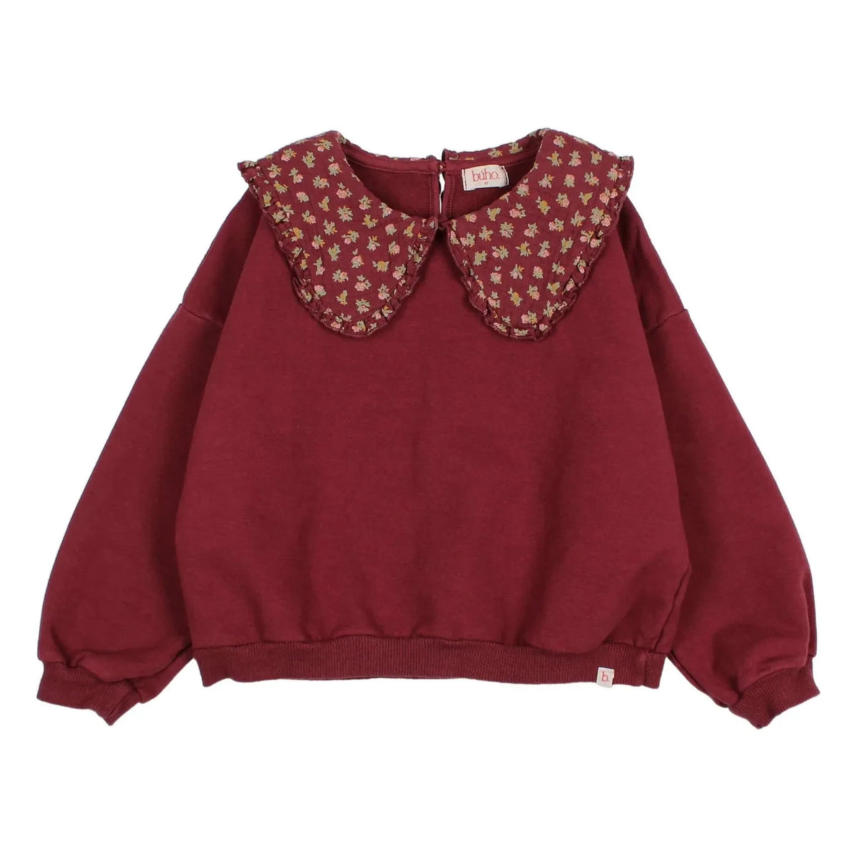 Búho - Organic Cotton Cottage Flowered Claudine Collar Sweat Top | Burgundy