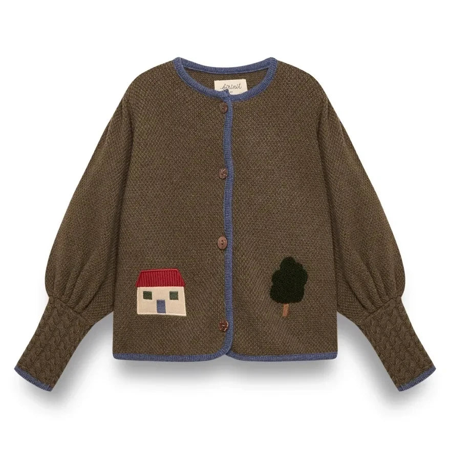 birinit - Austria Embroidered Merino Wool Cardigan | Khaki Brown