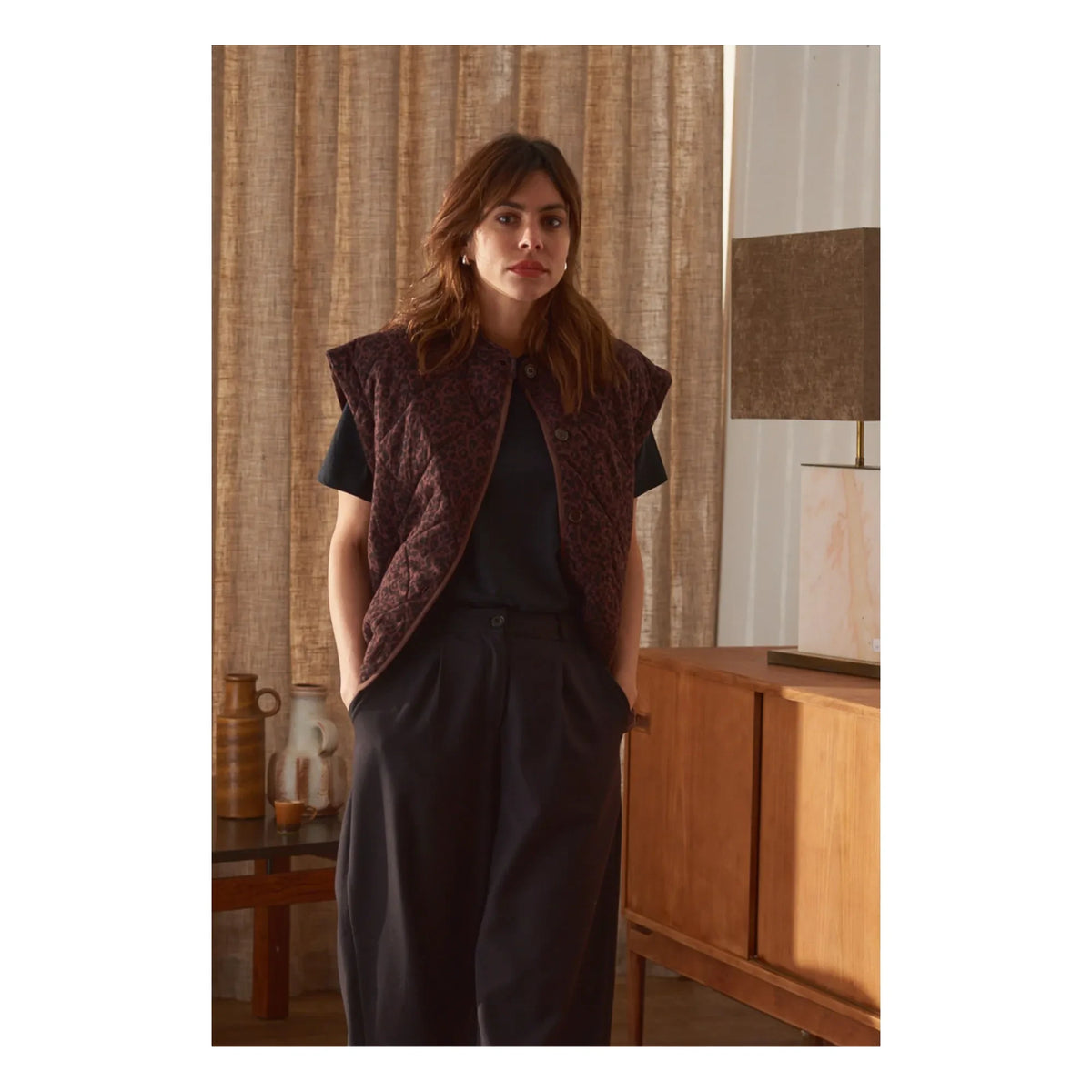 Marlot Paris - Charlie Leopard Double Layer Gas Cotton Sleeveless Jacket - Women's Collection | Chocolate