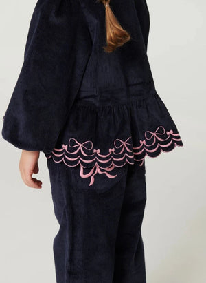 Copenhagen Colors - Ruched Embroidered Bow Detail Wide Fit Organic Cotton Ribbed Corduroy Trousers | Navy
