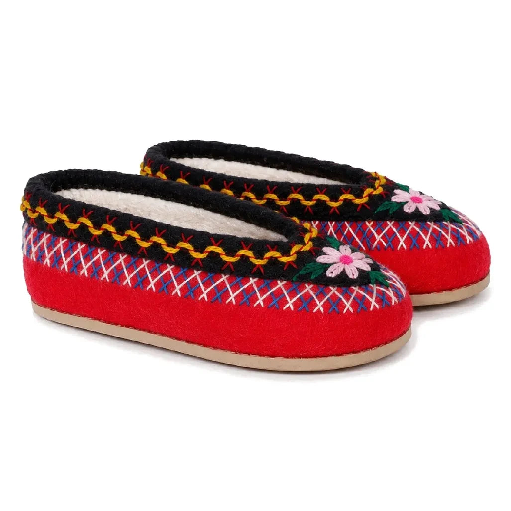 Folkloore - Floral Pattern Wool Slippers - Children Collection | Red