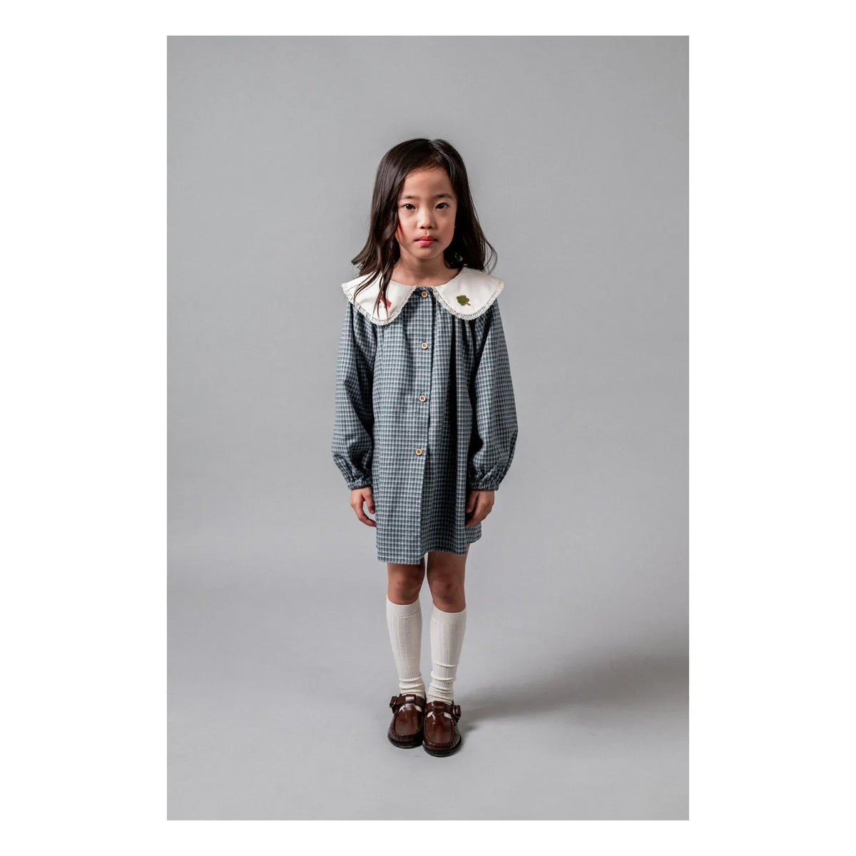 birinit - Checkered Embroidered Claudine Collar Dress Organic Cotton | Indigo Blue
