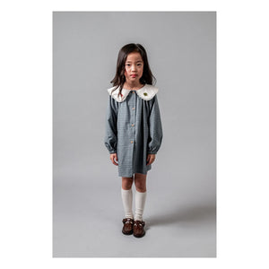 birinit - Checkered Embroidered Claudine Collar Dress Organic Cotton | Indigo Blue