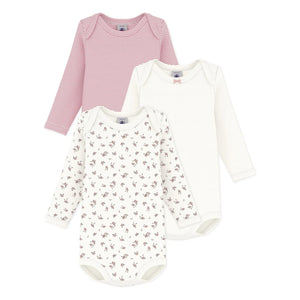 Petit Bateau - 3-Pack Organic Cotton Floral Print Bodysuit Set | Pink