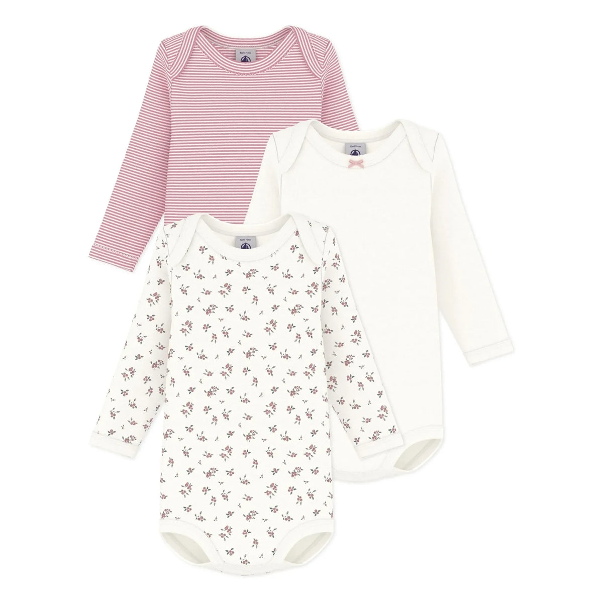 Petit Bateau - 3-Pack Organic Cotton Floral Print Bodysuit Set | Pink