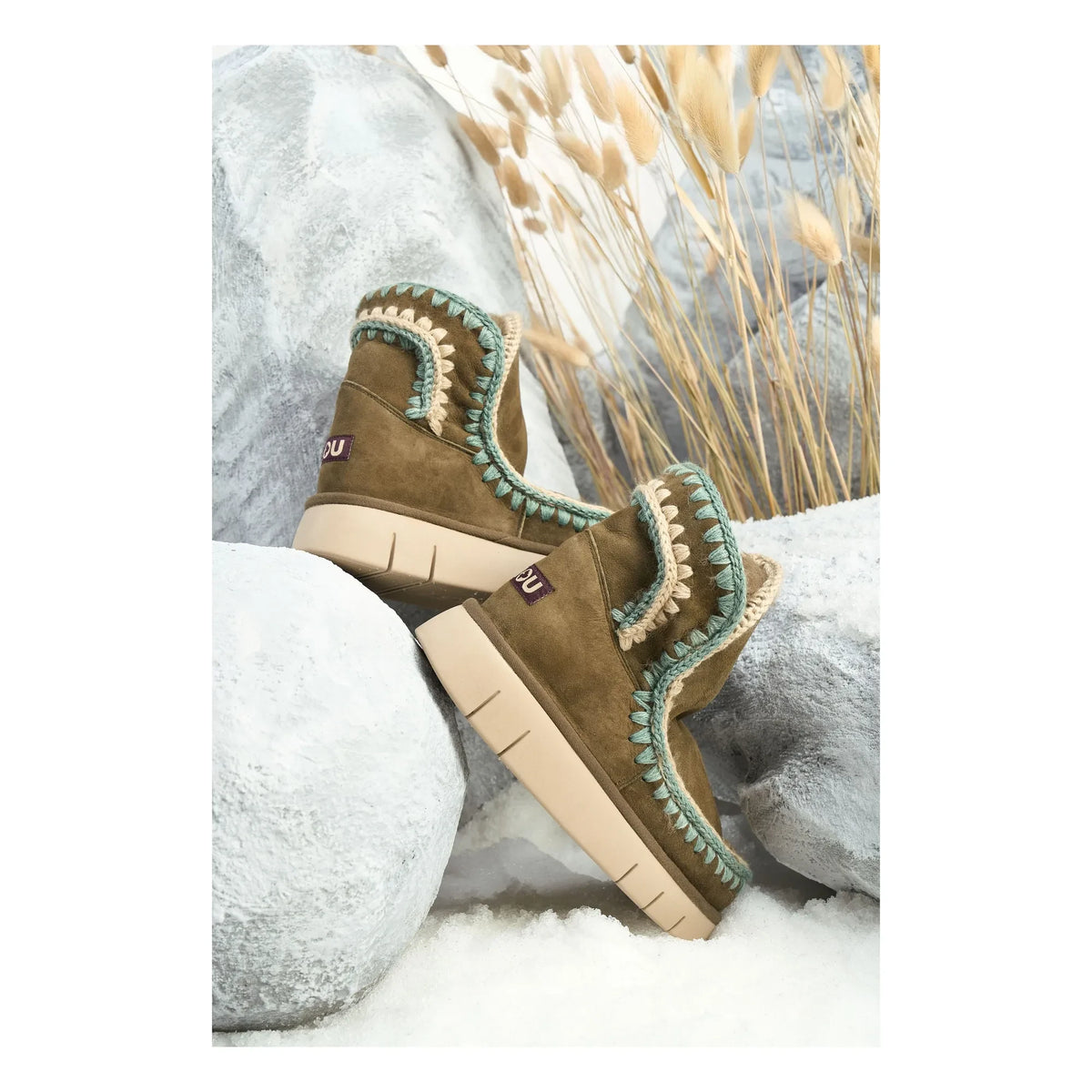 Mou - Bounce Suede Stitch Detail Boots | Khaki