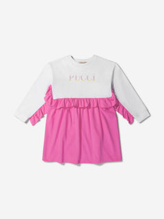 PUCCI Girls Cotton Ruffle Trim Logo Dress