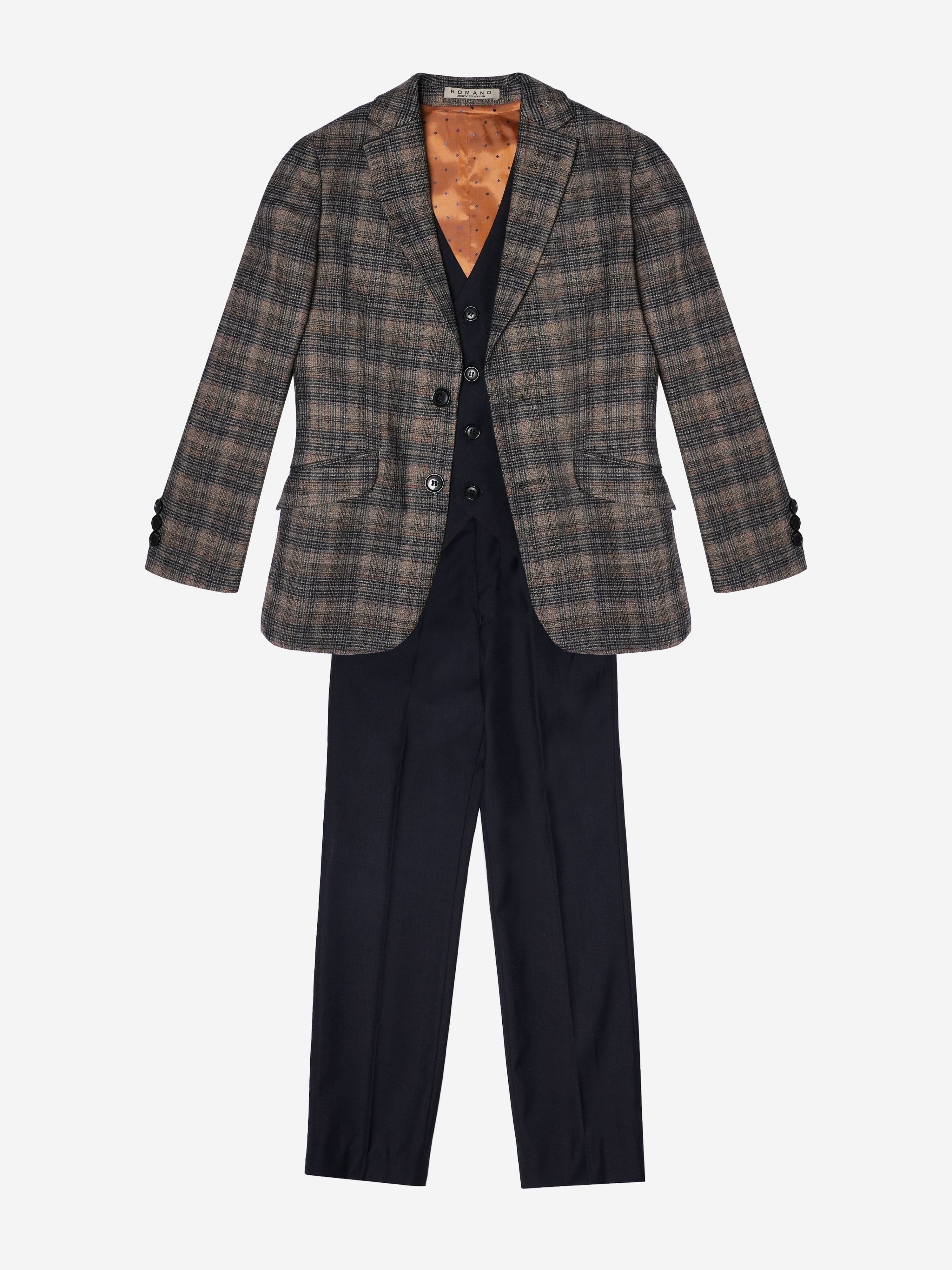 Romano Boys Check 3 Piece Suit in Brown