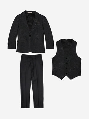 Romano Boys Shawl Collar Jacquard 3 Piece Suit in Black