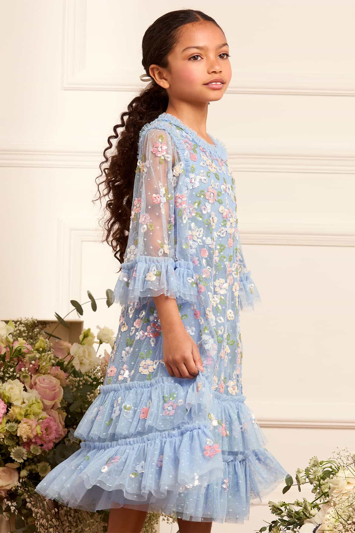 Needle & Thread Girls Tulle Sequin Bloom Dress in Blue