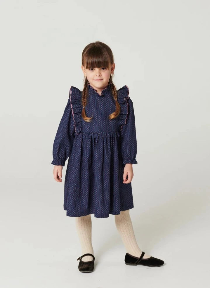 Copenhagen Colors - Organic Cotton Floral Ruffle Dress | Navy
