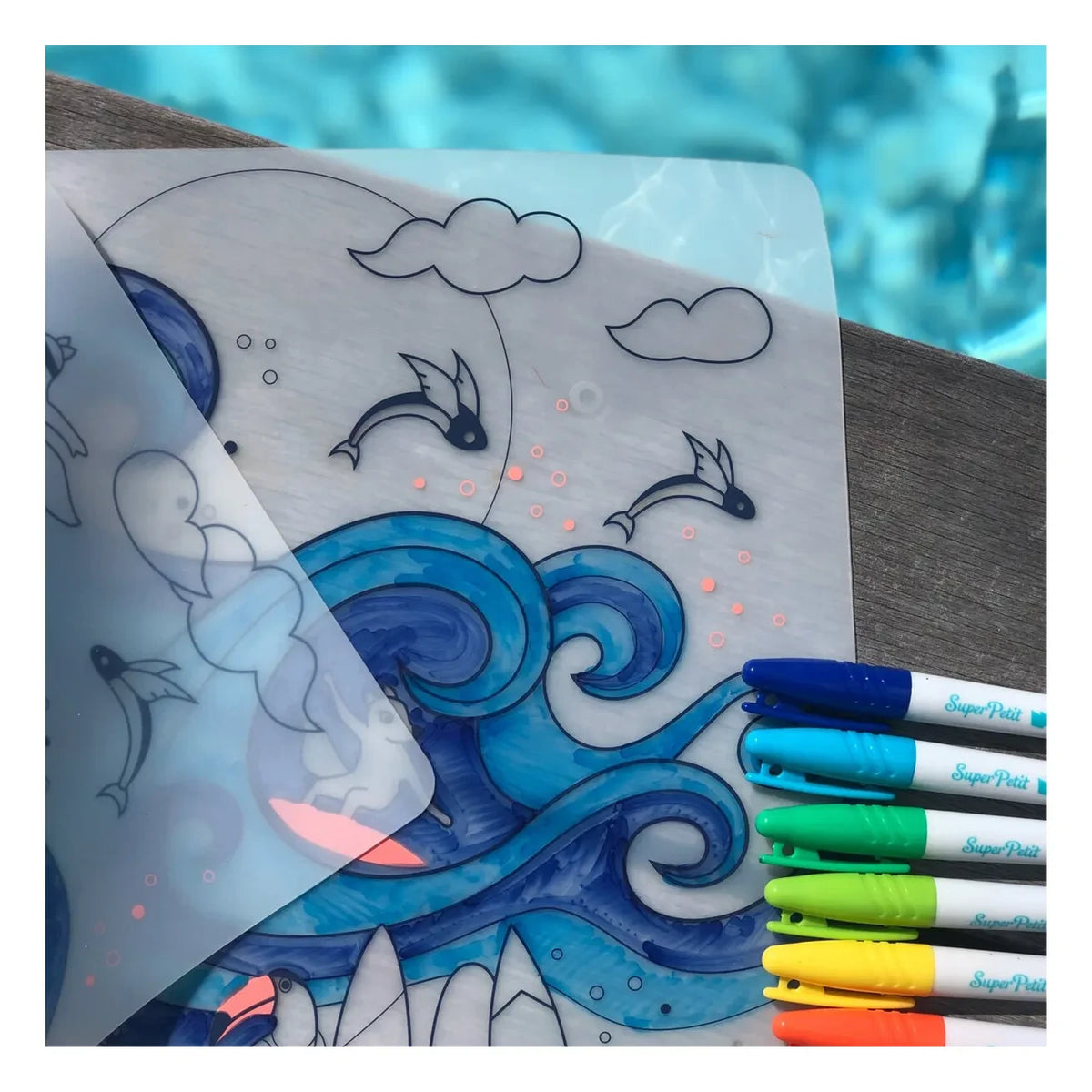 Superpetit - 5 felt-tip pens and "Orange Surf Party" bracelet coloring tablecloths