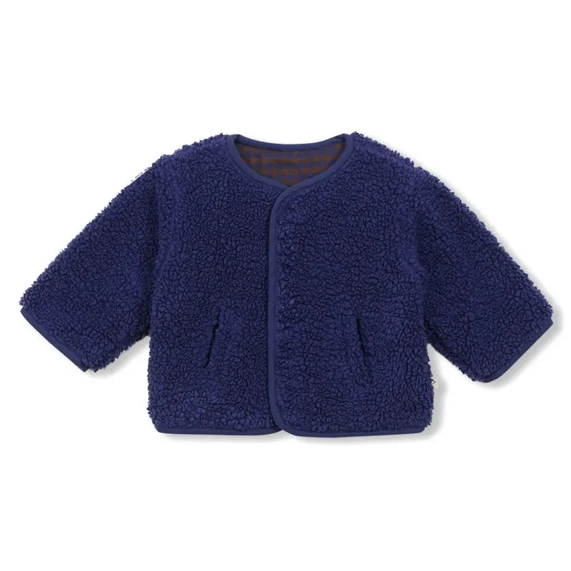 Arsène et Les Pipelettes - Reversible Sherpa Style Check Organic Cotton Baby Jacket | Navy