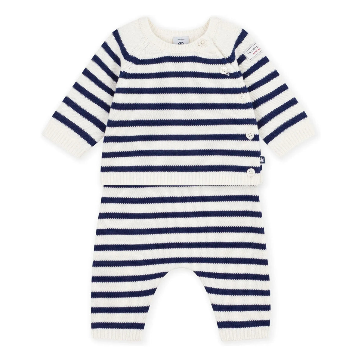 Petit Bateau - Wool Striped Cardigan and Pants Set | White