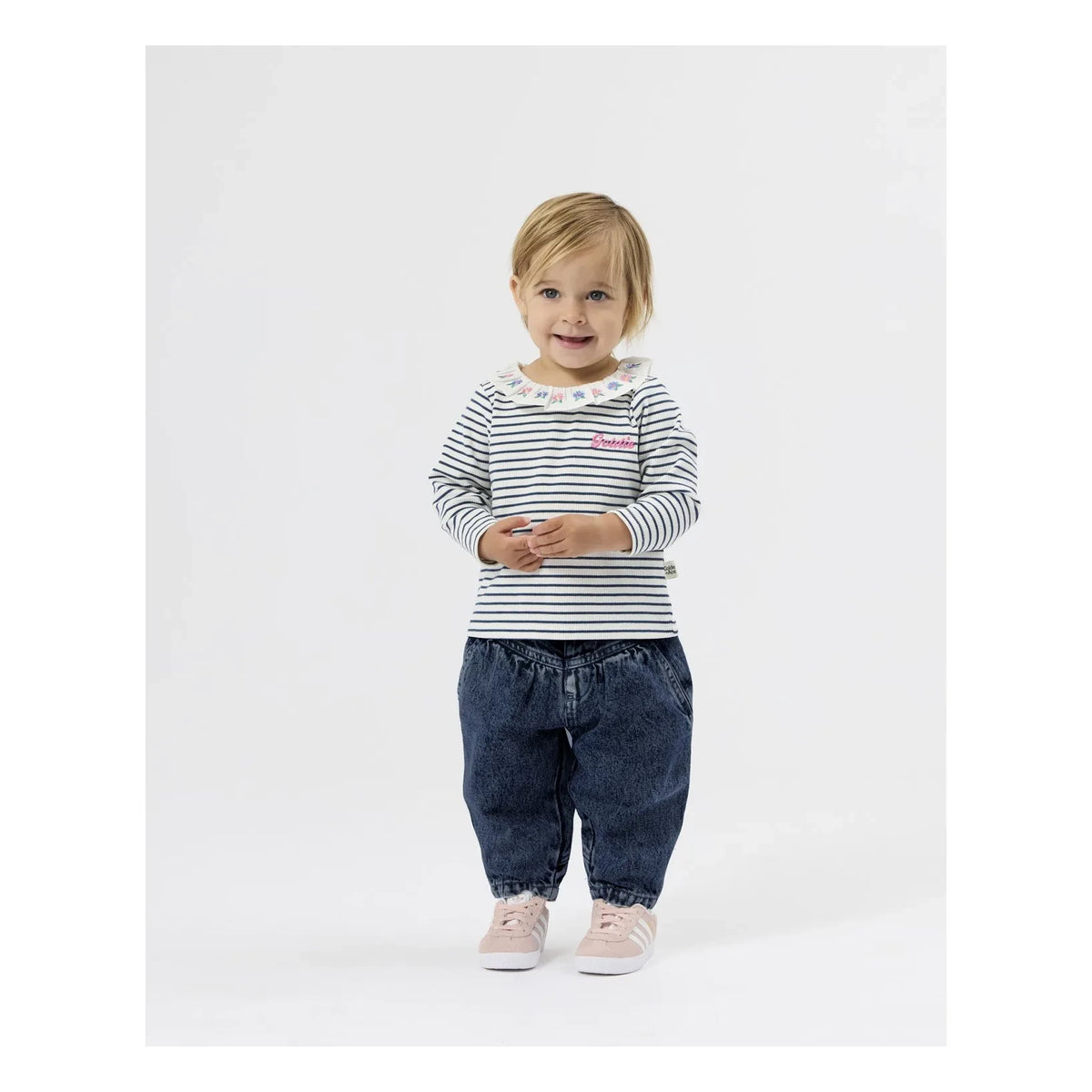Goldie + Ace - Embroidered Collared Ribbed Striped T-Shirt | White