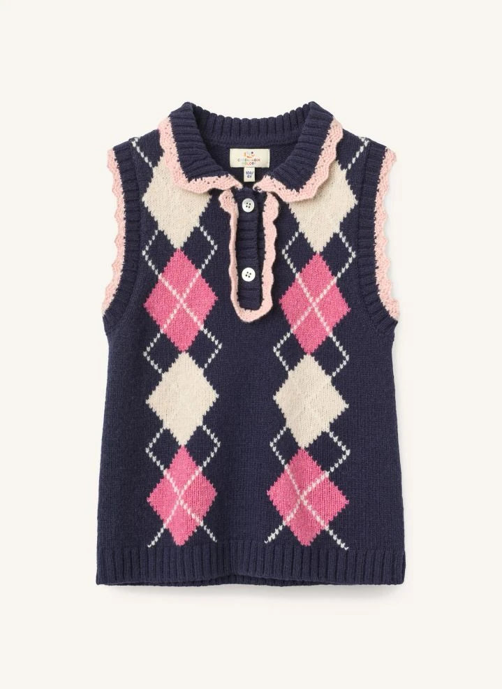 Copenhagen Colors - Sleeveless Argyle Ruffle-Edged Wool Sweater | Navy