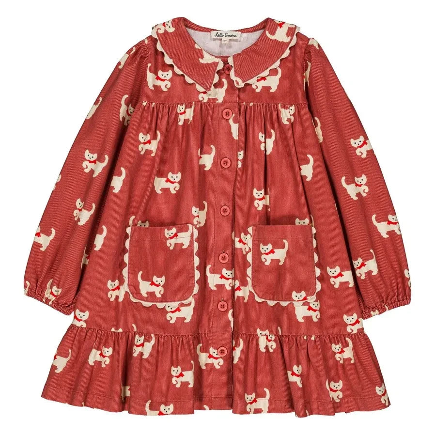 Hello Simone - Charlie Cats Corduroy Dress | Brick Red