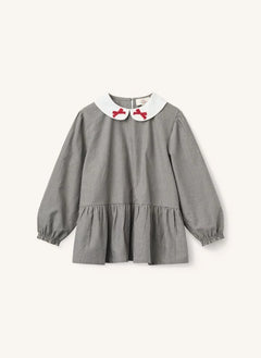 Copenhagen Colors - Embroidered Peter Pan Collar, Organic Cotton Checked Blouse | Grey