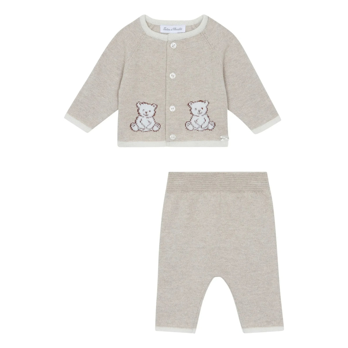 Tartine et Chocolat - Teddy Bear Knitted Cardigan and Pants Set | Heather beige