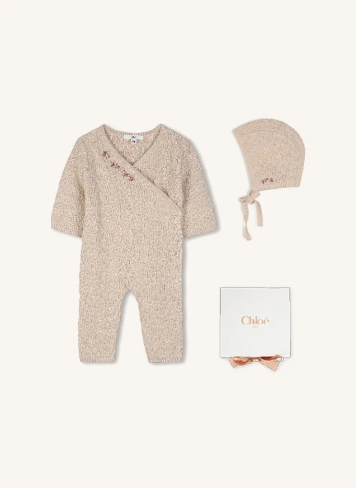 Chloé - Organic cotton bonnet and romper set | Peach