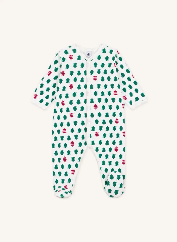 Petit Bateau - Fur Tree Footed Velvet Organic Cotton Pajamas | White