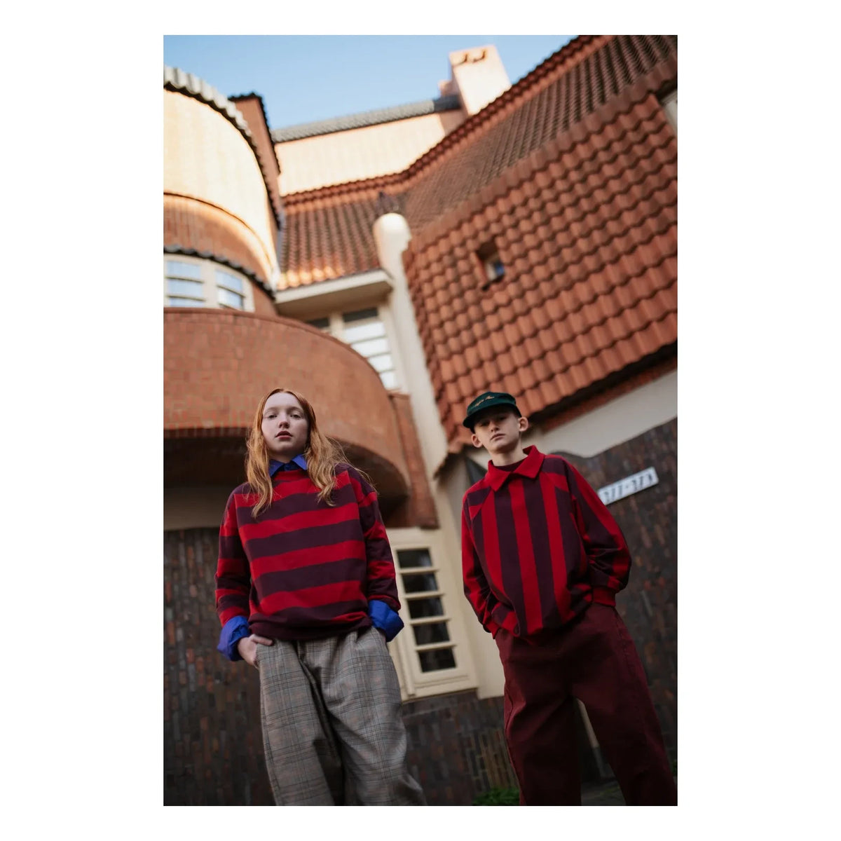 Repose AMS - Striped Organic Cotton Polo Neck Sweatshirt | Red