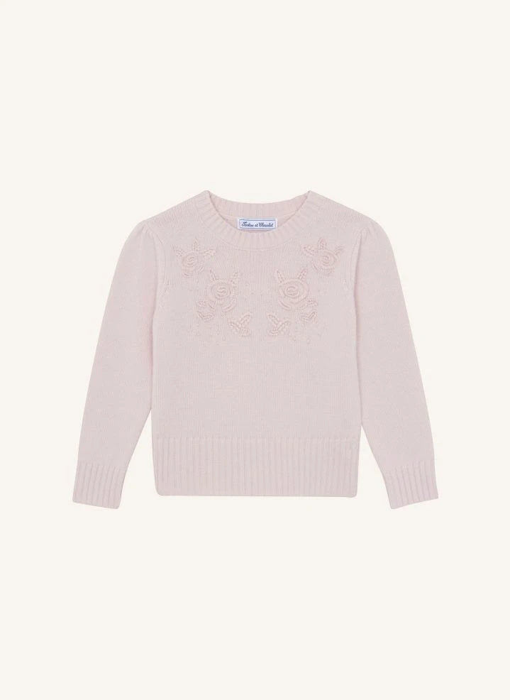 Tartine et Chocolat - Wool Rose-Embroidered Sweater | Pink