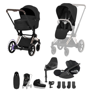 Cybex e-Priam Ultimate Accessory Bundle - Comfort Collection-Travel Systems-Sepia Black/Rose Gold-With Base | Natural Baby Shower