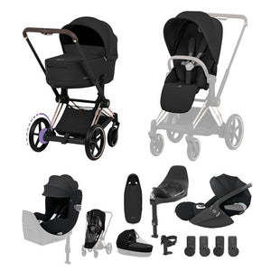 Cybex e-Priam Ultimate Birth & Beyond Bundle - Comfort Collection-Travel Systems-Sepia Black/Rose Gold-With Base | Natural Baby Shower