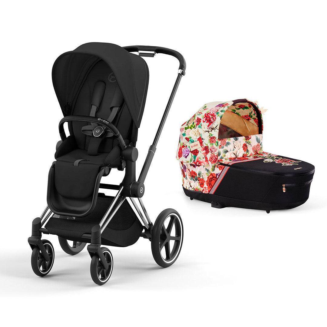 CYBEX Priam Pushchair & Carrycot Bundle - Black/Spring Blossom-Stroller Bundles-Chrome Black- | Natural Baby Shower