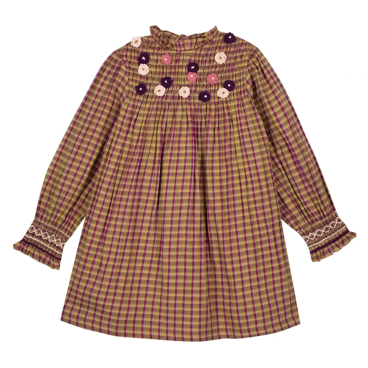 Bonton - Poire Checked Embroidered Dress | Mustard