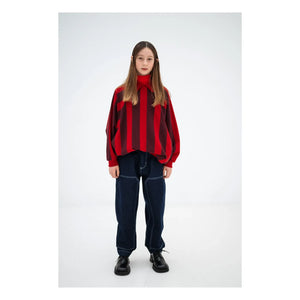 Repose AMS - Striped Organic Cotton Polo Neck Sweatshirt | Red