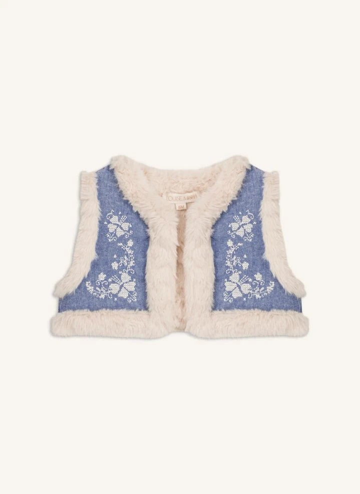 Louise Misha - Librana Organic Cotton Sleeveless Fur Jacket | Blue