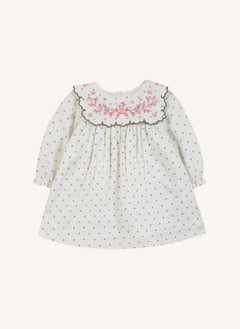 Tartine et Chocolat - Embroidered Collar Dotted Wavy Dress | Ecru