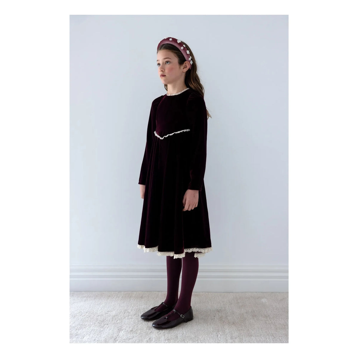 petite Amalie - Openwork Lace Velvet Dress | Eggplant